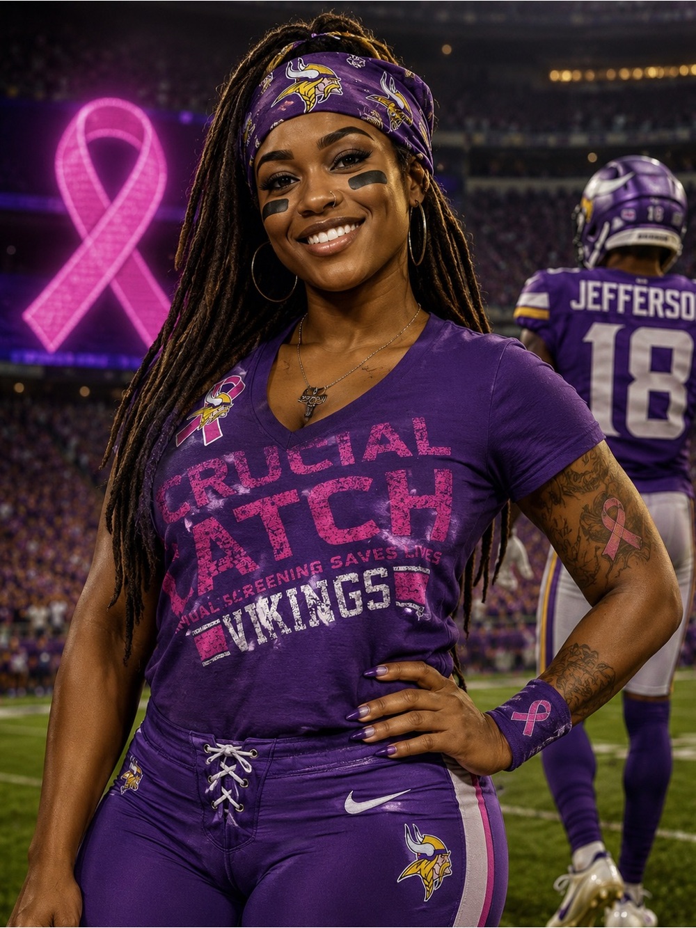 NFL Lady Vikings 🏈 Football Purple 'Crucial Catch' Tee with Pink Ribbon Support